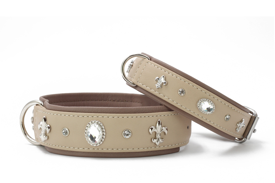 Leren halsband St. Tropez, ivoor/taupe/zilver, 65 cm / 45 mm