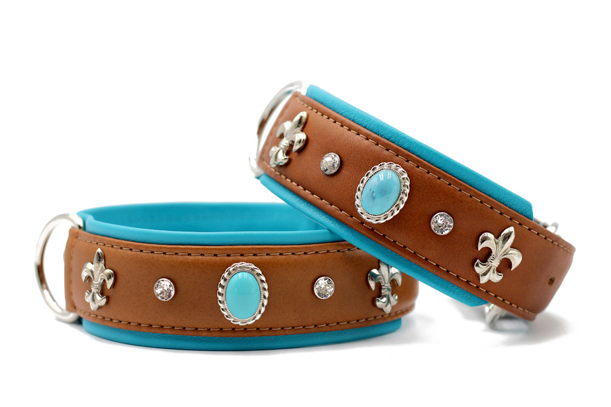Leren halsband Ibiza, cognac/petrol/zilver, 65 cm / 45 mm