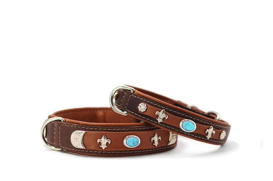 Leren halsband Toronto, bruin/cognac/zilver, 65 cm / 45 mm