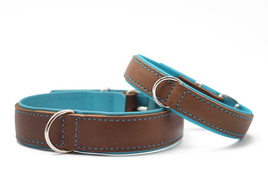Leren halsband Klassiek Premium, mokka/petrol/zilver, 65 cm / 45 mm