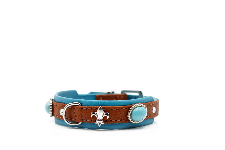 Leren halsband Ibiza mini, cognac/petrol/zilver, 33 cm / 18 mm