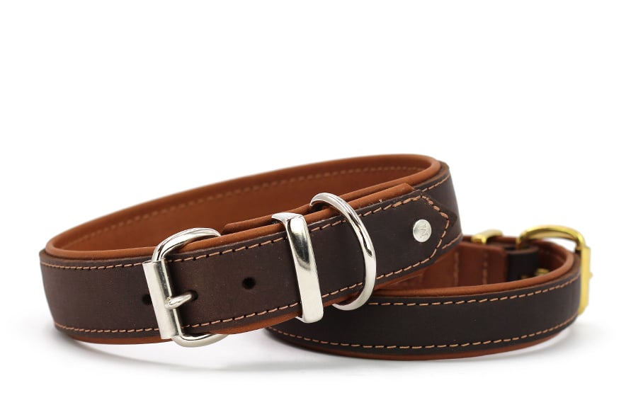 Leren halsband Klassiek Premium mini, bruin/cognac/zilver, 30 cm / 18 mm