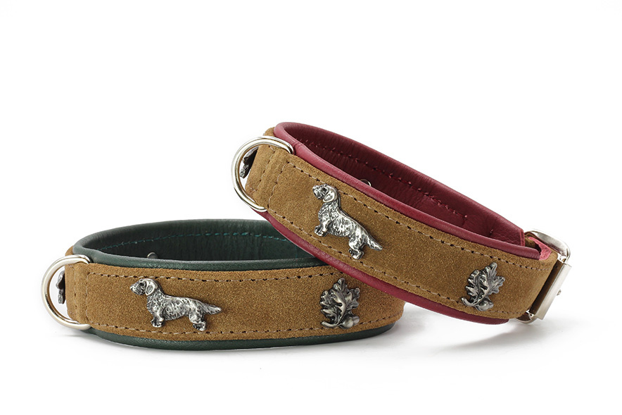 Halsband teckel suèdeleer 35, 40, 45cm / 24mm Cognac / rood / zilver