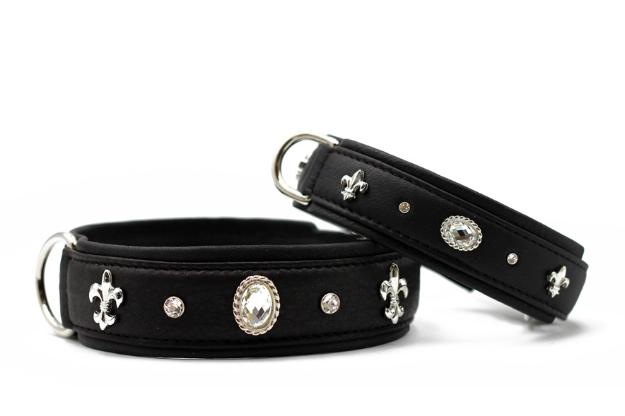 Leren halsband Diamond van nappaleer, zwart/zilver, 65 cm / 45 mm