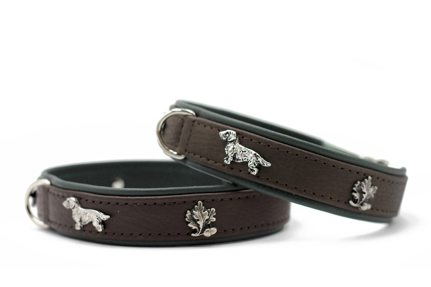Halsband teckel 35, 40, 45cm / 24mm donkerbruin / groen / zilver
