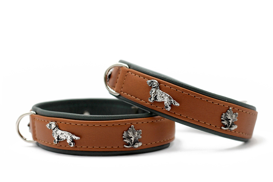 Halsband teckel 35, 40, 45cm / 24mm Cognac / groen / zilver